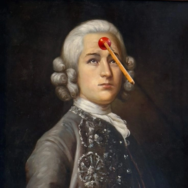 Classic portrait altered with surreal element by Banksy on display at Moco Museum Amsterdam.