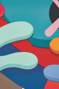 Colorful abstract painting by KAWS on display